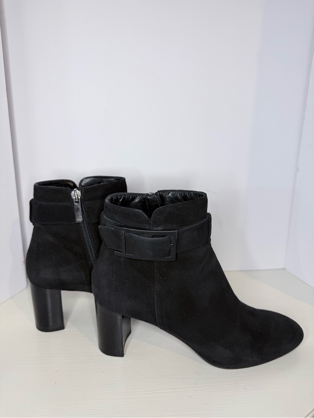 Aquatalia Black Suede Buckle Ankle Block Heel  Boots 8